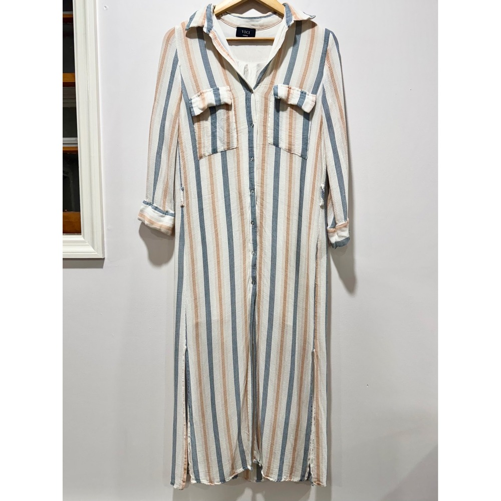 VICI Dolls Striped Maxi Shirt Dress Blue Tan White Button Front Long Sleeve L